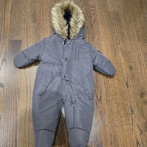 Gray Kids Snowsuit with Faux Fur Hood